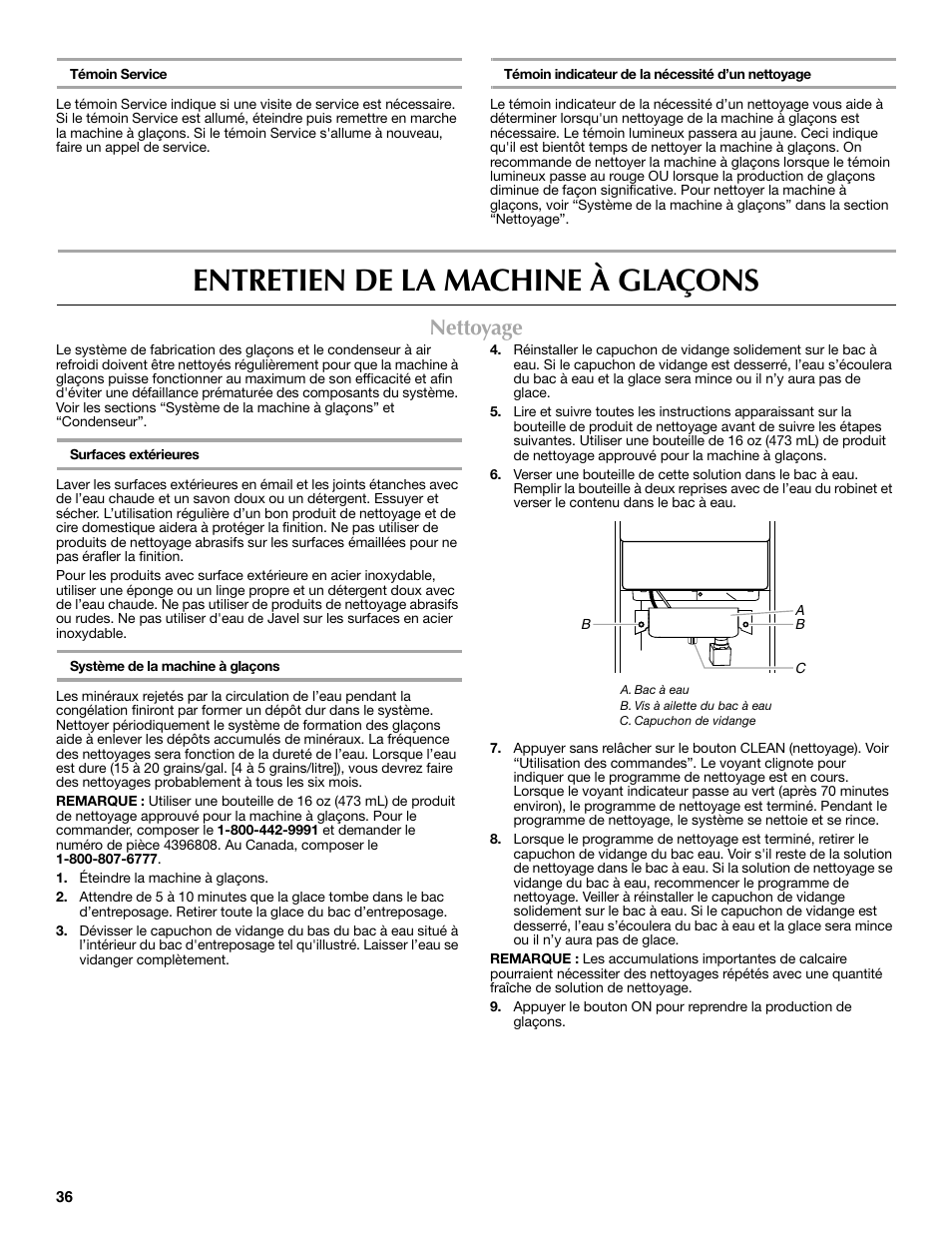 Entretien de la machine à glaçons, Nettoyage | Maytag MIM1554WRS User Manual | Page 36 / 42