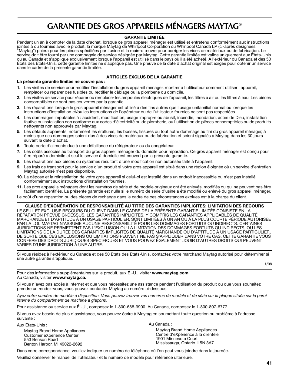 Garantie des gros appareils ménagers maytag | Maytag MIM1554WRS User Manual | Page 41 / 42