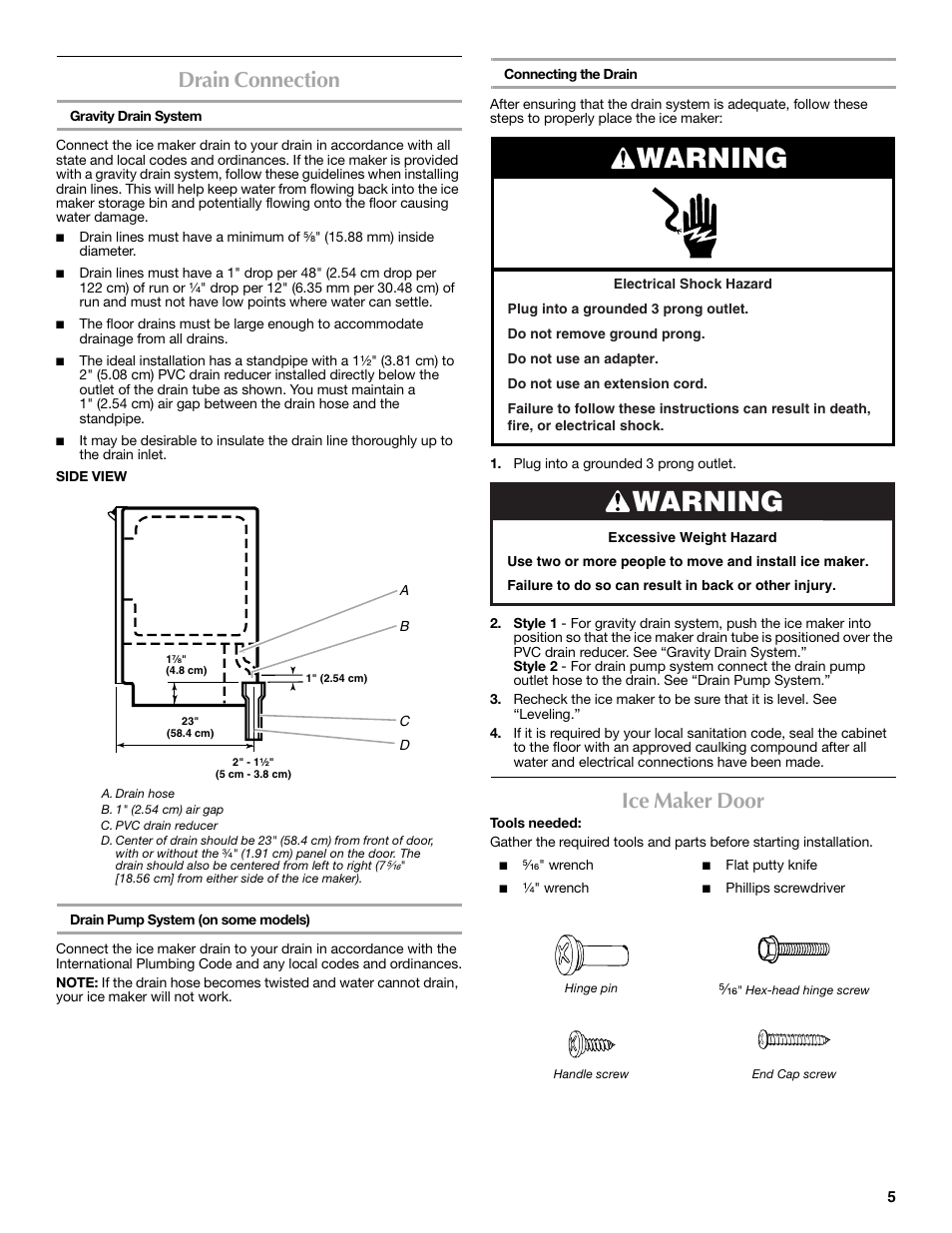 Warning, Drain connection, Ice maker door | Maytag MIM1554WRS User Manual | Page 5 / 42