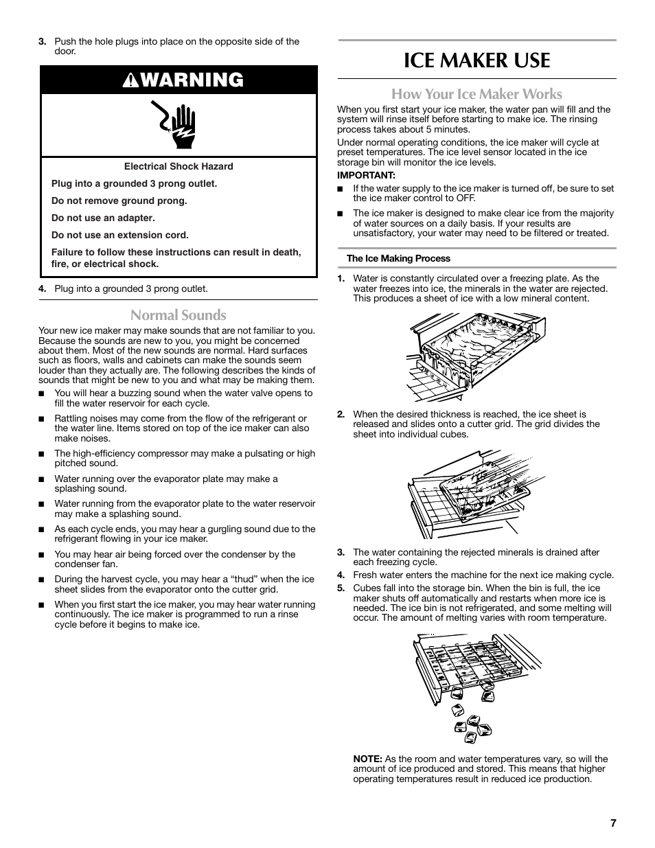 Ice maker use, Warning, Normal sounds | How your ice maker works | Maytag MIM1554WRS User Manual | Page 7 / 42