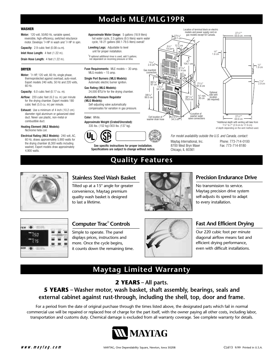 Stainless steel wash basket, Fast and efficient drying, Precision endurance drive | Computer trac, Controls | Maytag MLE19PR User Manual | Page 2 / 2