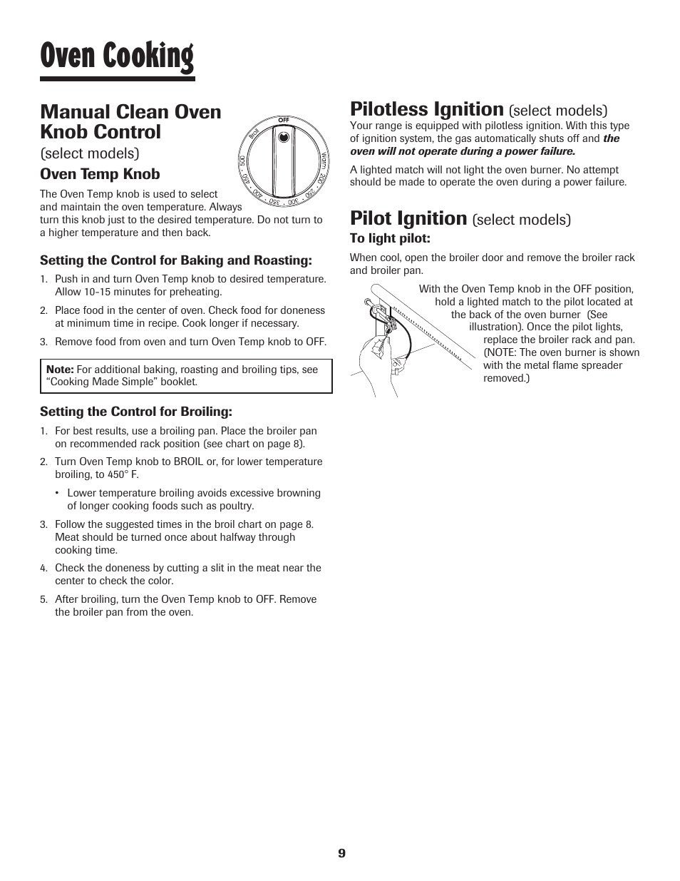 Oven cooking, Manual clean oven knob control, Pilotless ignition | Pilot ignition | Maytag 8113P448-60 User Manual | Page 10 / 88