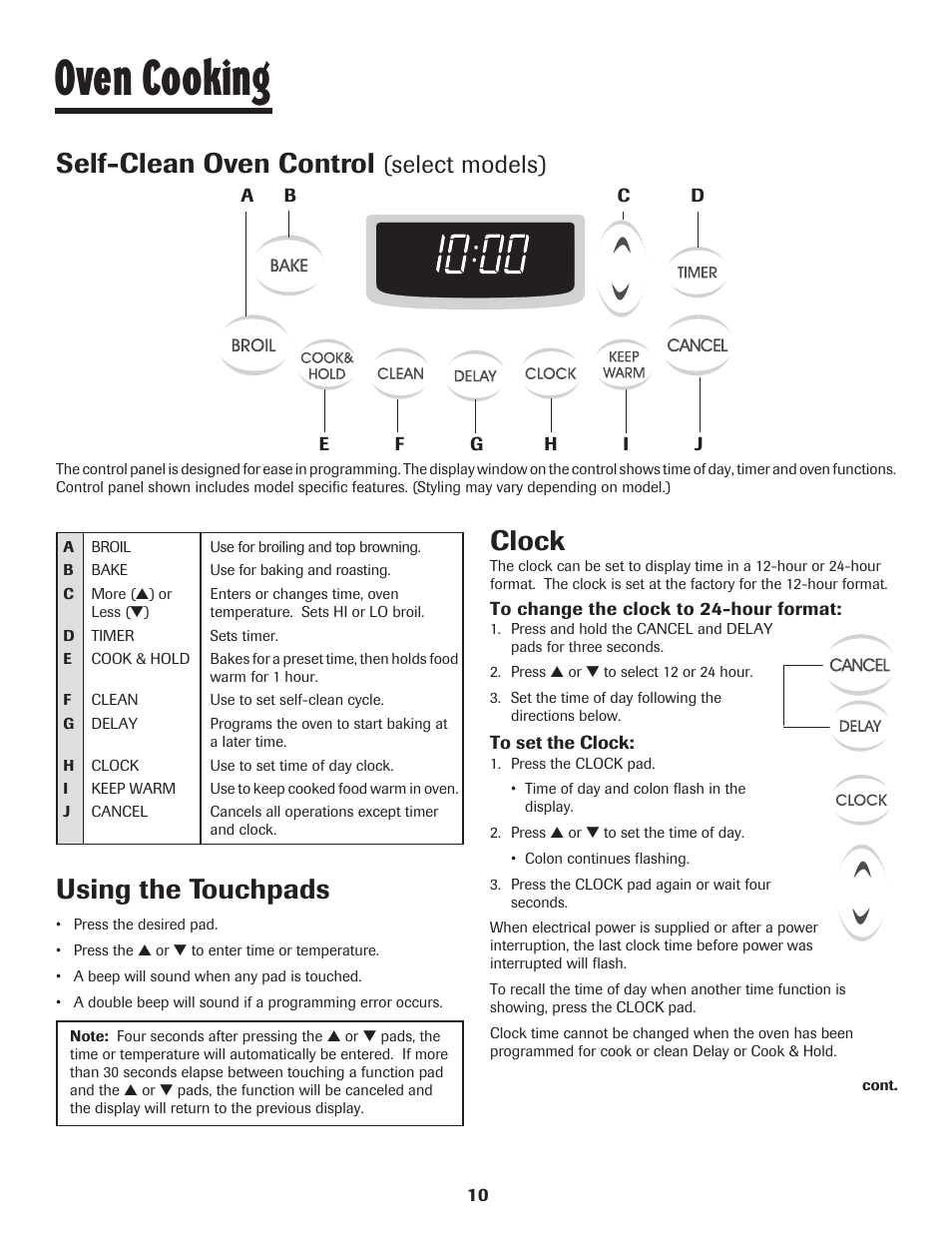 Oven cooking, Self-clean oven control, Using the touchpads | Clock, Select models) | Maytag 8113P448-60 User Manual | Page 11 / 88