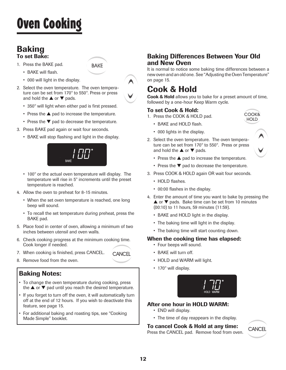 Oven cooking, Baking, Cook & hold | Baking differences between your old and new oven | Maytag 8113P448-60 User Manual | Page 13 / 88