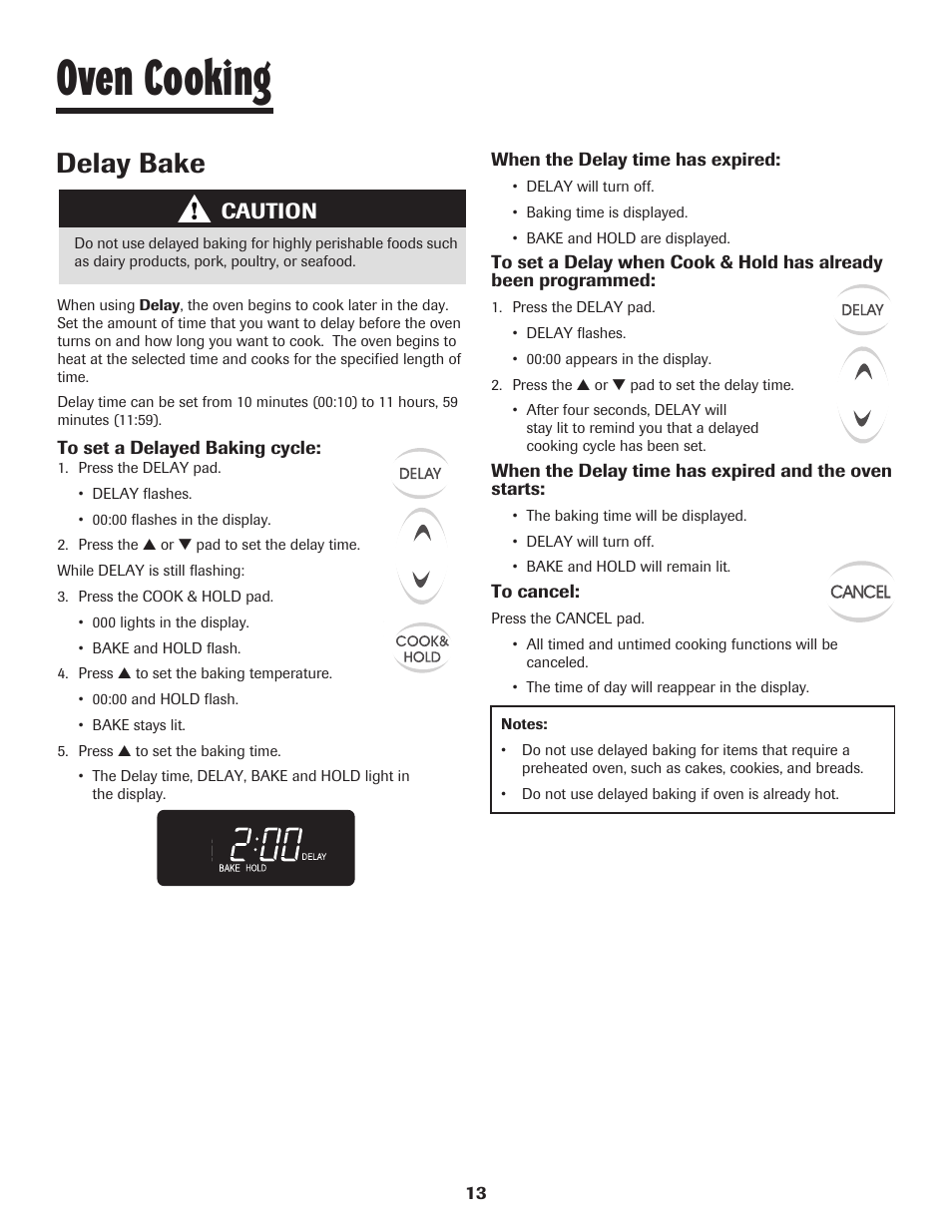 Oven cooking, Delay bake, Caution | Maytag 8113P448-60 User Manual | Page 14 / 88