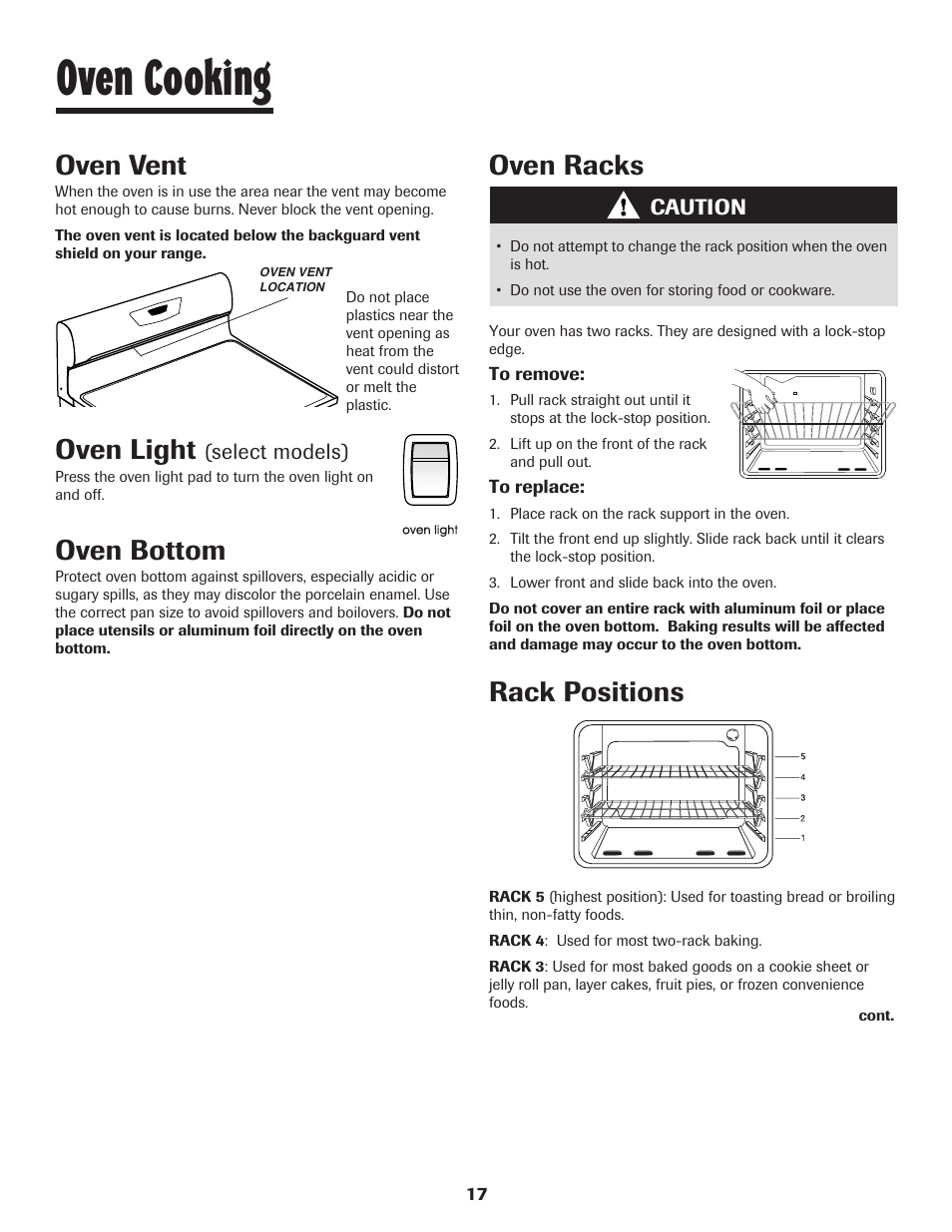 Oven cooking, Oven vent, Oven light | Oven bottom, Oven racks, Rack positions | Maytag 8113P448-60 User Manual | Page 18 / 88