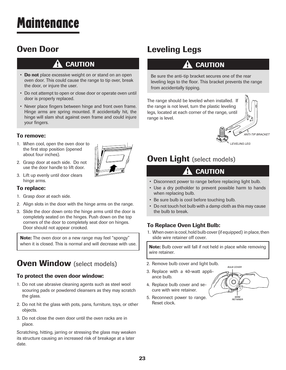 Maintenance, Oven window, Leveling legs | Oven door, Oven light, Select models), Caution, Select models) caution | Maytag 8113P448-60 User Manual | Page 24 / 88