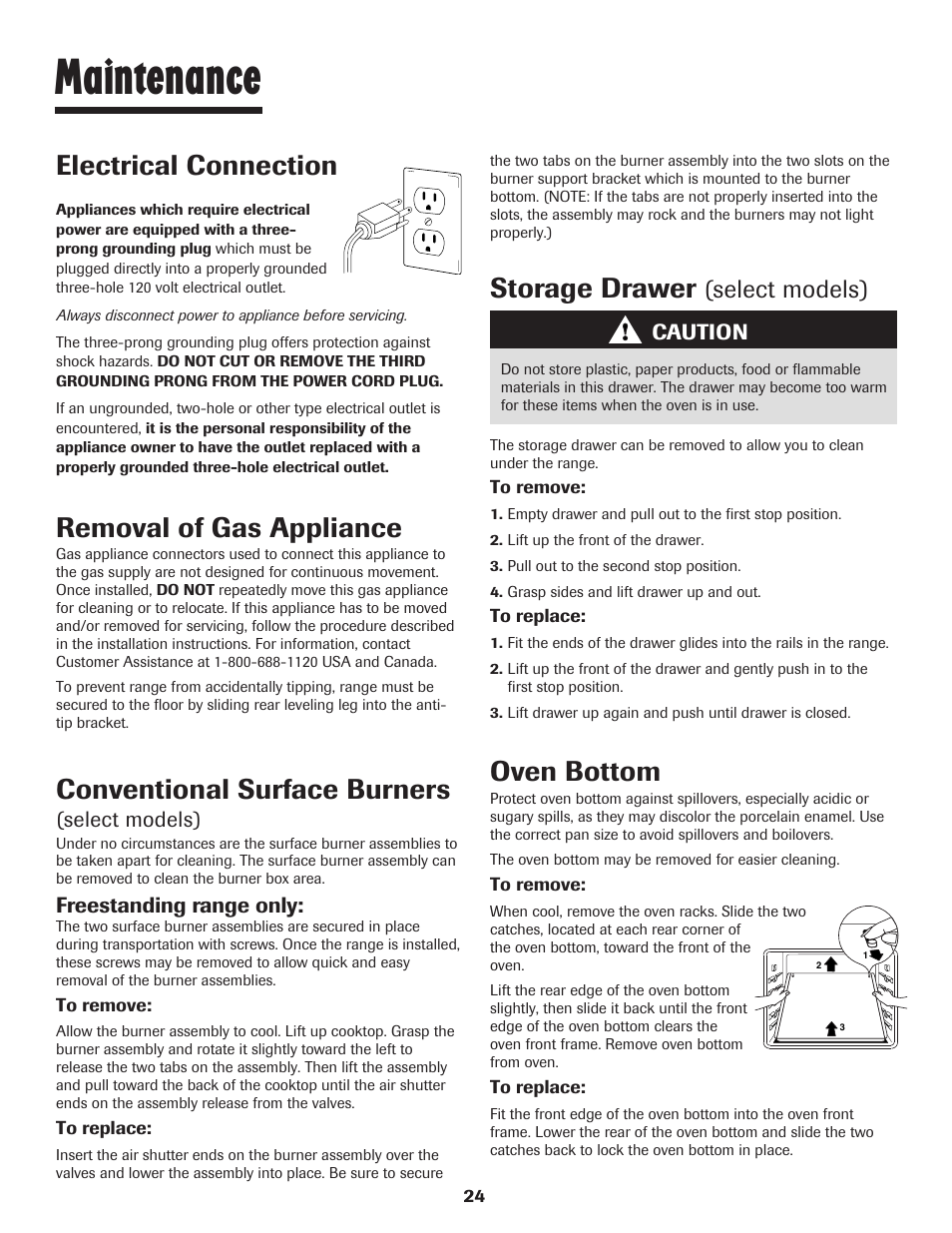 Maintenance, Storage drawer, Removal of gas appliance | Oven bottom, Electrical connection, Conventional surface burners, Select models) | Maytag 8113P448-60 User Manual | Page 25 / 88