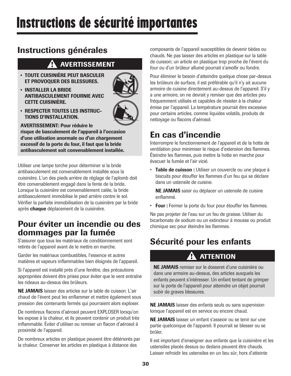 Instructions de sécurité importantes, Instructions générales, En cas d’incendie | Sécurité pour les enfants | Maytag 8113P448-60 User Manual | Page 31 / 88