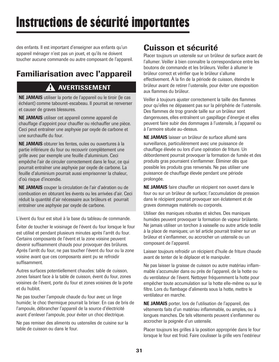 Instructions de sécurité importantes, Familiarisation avec l’appareil, Cuisson et sécurité | Maytag 8113P448-60 User Manual | Page 32 / 88
