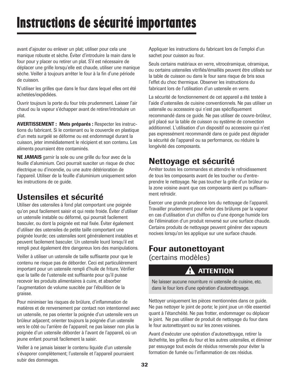 Instructions de sécurité importantes, Ustensiles et sécurité, Nettoyage et sécurité | Four autonettoyant, Certains modèles) | Maytag 8113P448-60 User Manual | Page 33 / 88