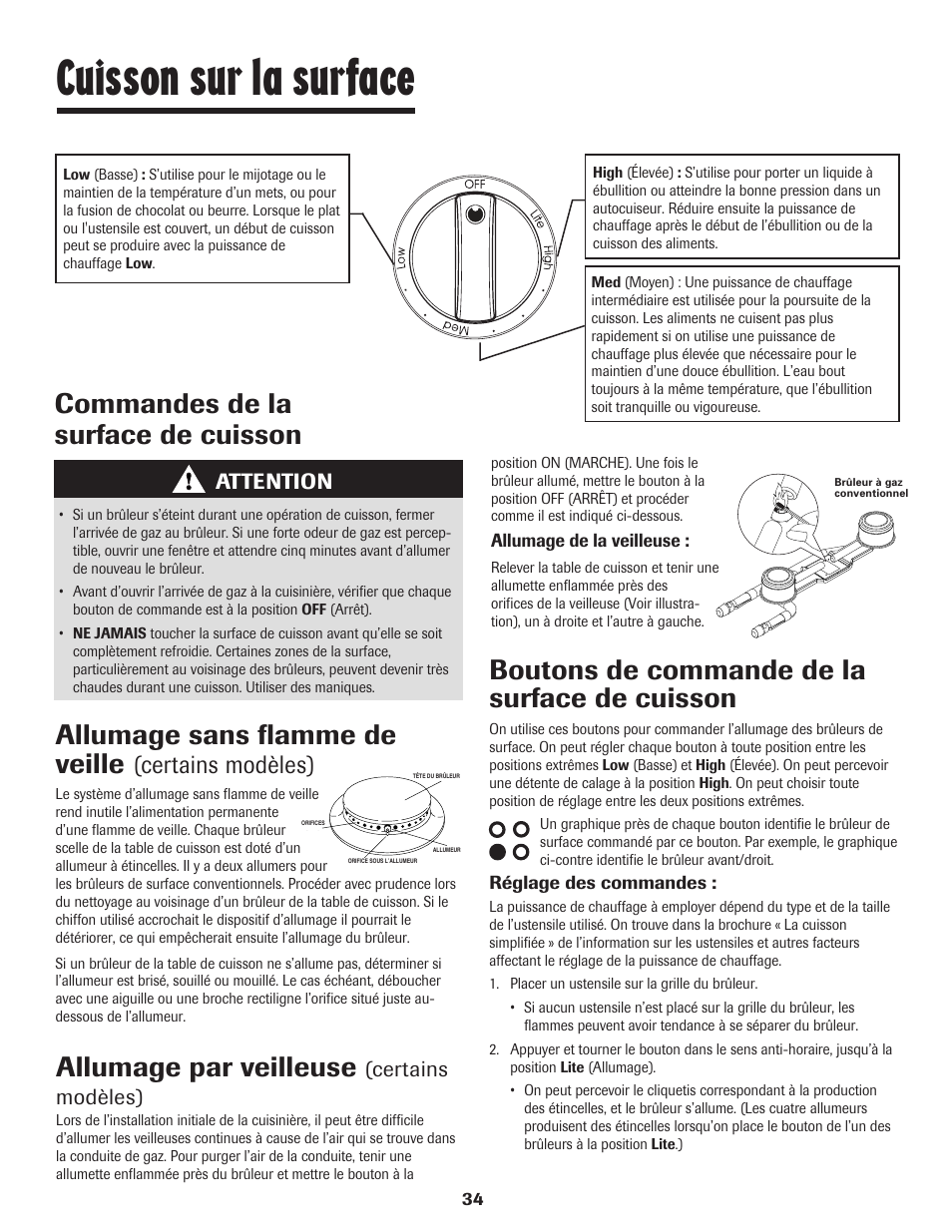 Cuisson sur la surface, Boutons de commande de la surface de cuisson, Allumage par veilleuse | Certains modèles), Attention | Maytag 8113P448-60 User Manual | Page 35 / 88