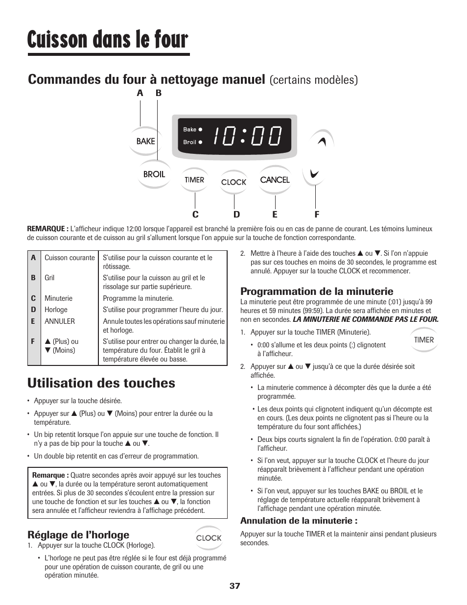 Cuisson dans le four, Commandes du four à nettoyage manuel, Utilisation des touches | Certains modèles), Réglage de l’horloge, Programmation de la minuterie | Maytag 8113P448-60 User Manual | Page 38 / 88