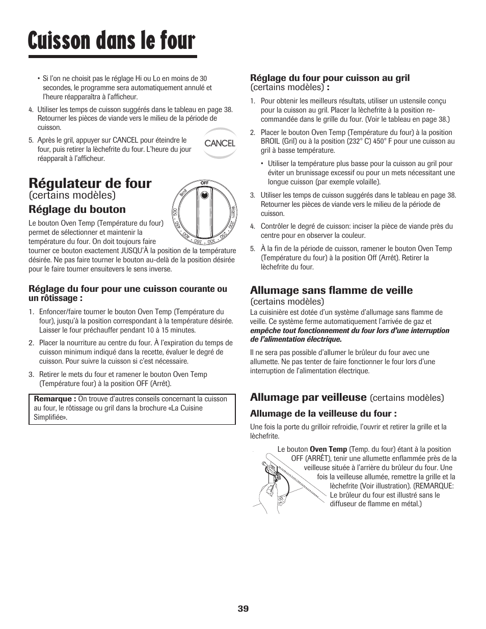 Cuisson dans le four, Régulateur de four, Certains modèles) réglage du bouton | Allumage sans flamme de veille, Allumage par veilleuse | Maytag 8113P448-60 User Manual | Page 40 / 88