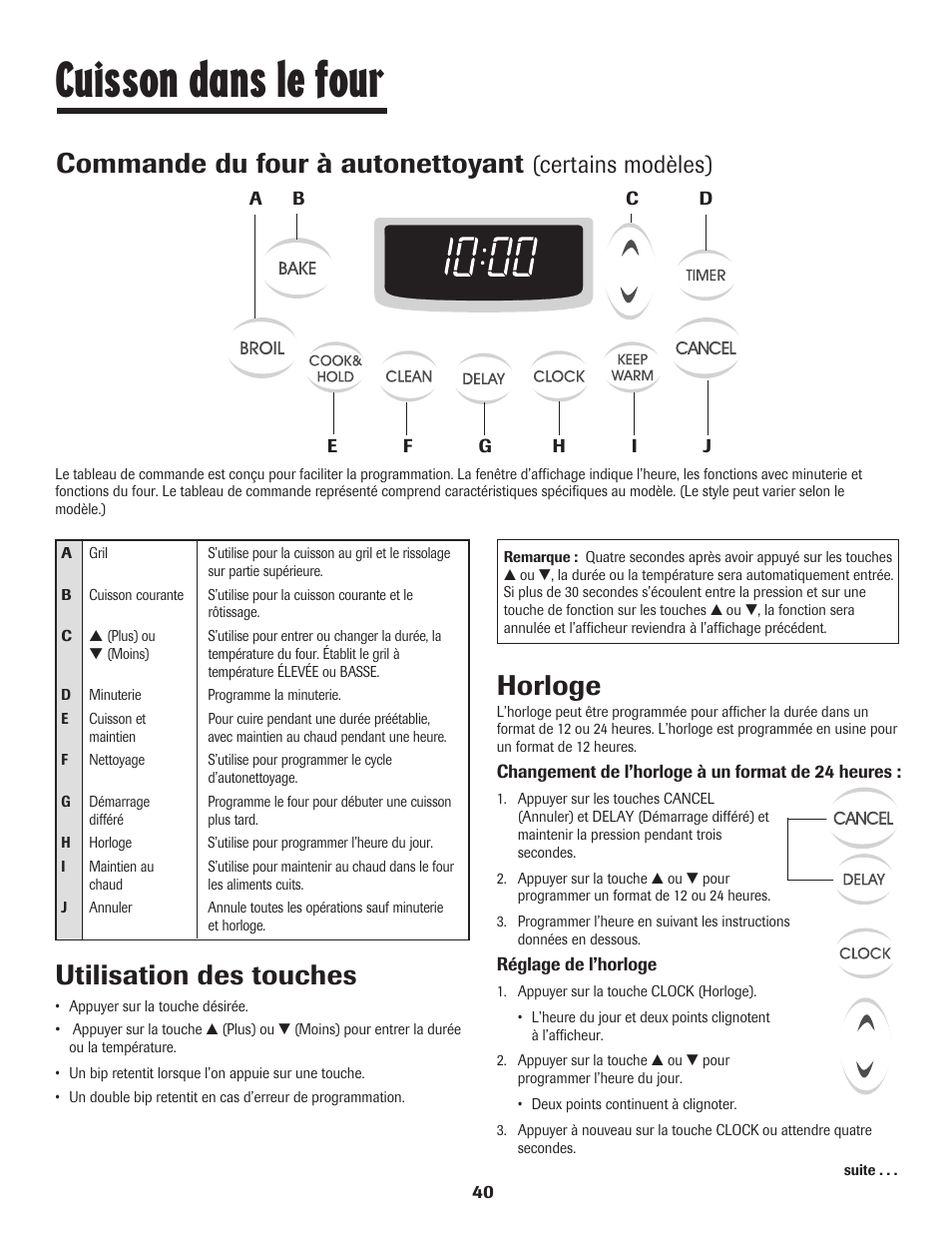 Cuisson dans le four, Utilisation des touches, Horloge | Commande du four à autonettoyant, Certains modèles) | Maytag 8113P448-60 User Manual | Page 41 / 88