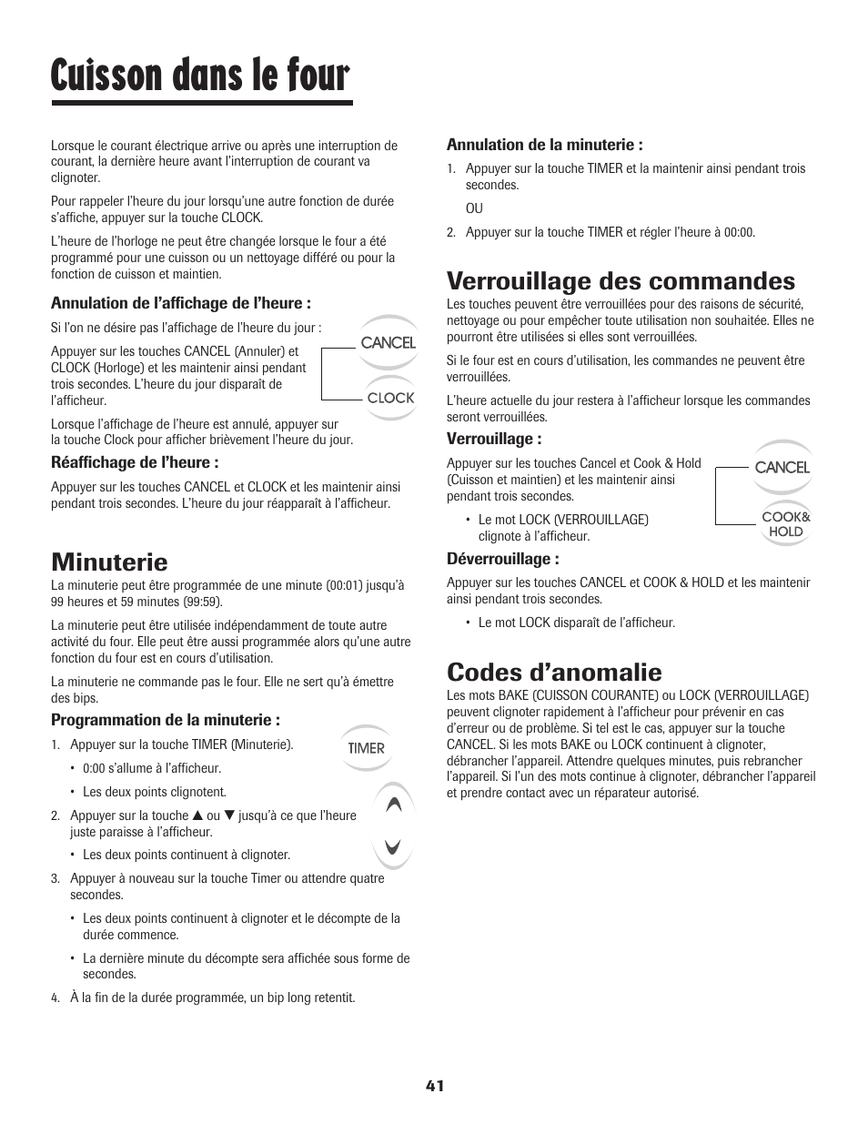 Cuisson dans le four, Minuterie, Verrouillage des commandes | Codes d’anomalie | Maytag 8113P448-60 User Manual | Page 42 / 88