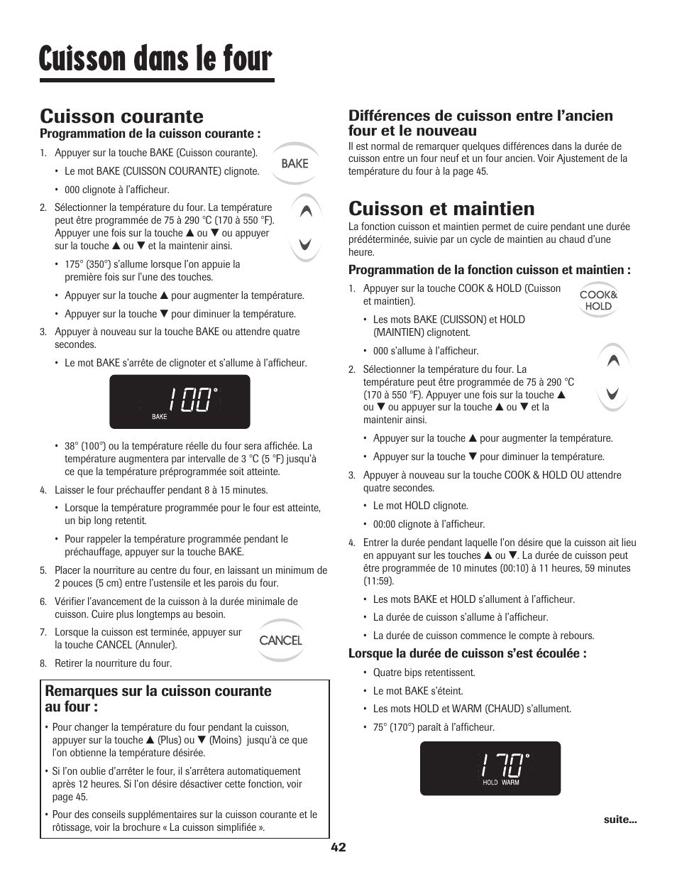 Cuisson dans le four, Cuisson et maintien, Cuisson courante | Remarques sur la cuisson courante au four | Maytag 8113P448-60 User Manual | Page 43 / 88