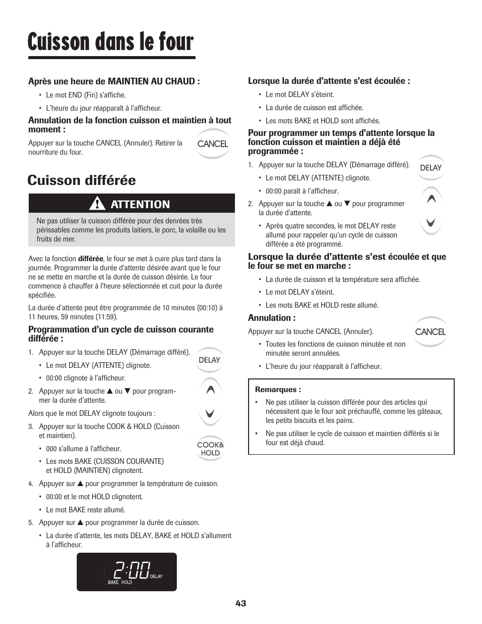 Cuisson dans le four, Cuisson différée, Attention | Maytag 8113P448-60 User Manual | Page 44 / 88