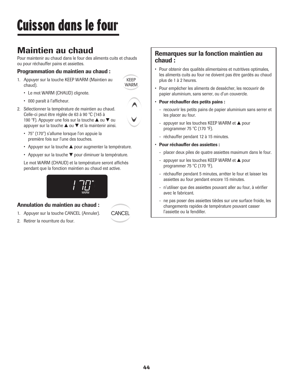 Cuisson dans le four, Maintien au chaud, Remarques sur la fonction maintien au chaud | Maytag 8113P448-60 User Manual | Page 45 / 88