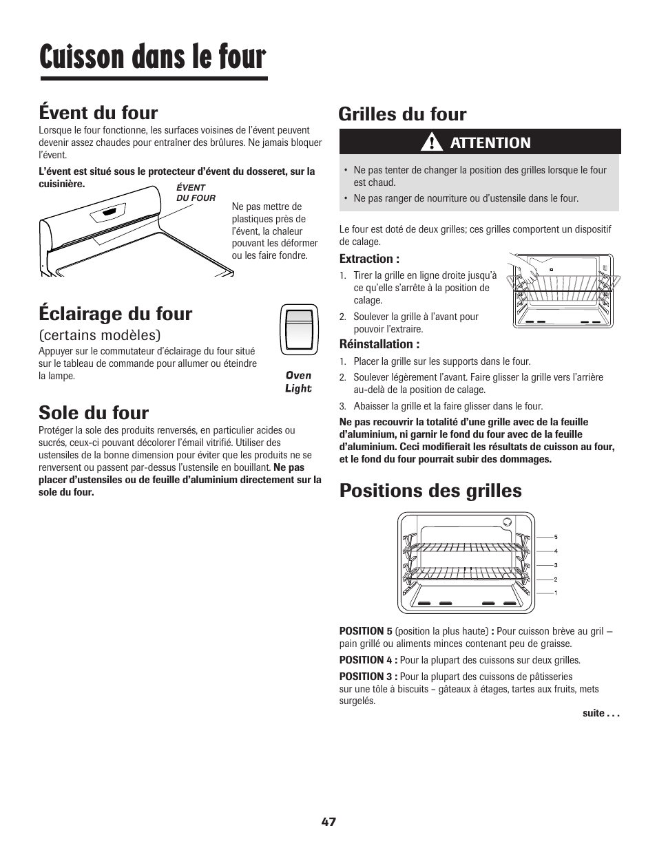 Cuisson dans le four, Éclairage du four, Sole du four | Évent du four, Grilles du four, Positions des grilles | Maytag 8113P448-60 User Manual | Page 48 / 88