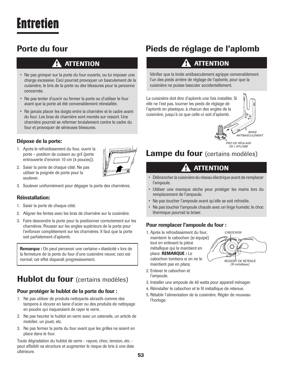 Entretien, Hublot du four, Pieds de réglage de l’aplomb | Porte du four, Lampe du four, Certains modèles), Attention, Certains modèles) attention | Maytag 8113P448-60 User Manual | Page 54 / 88