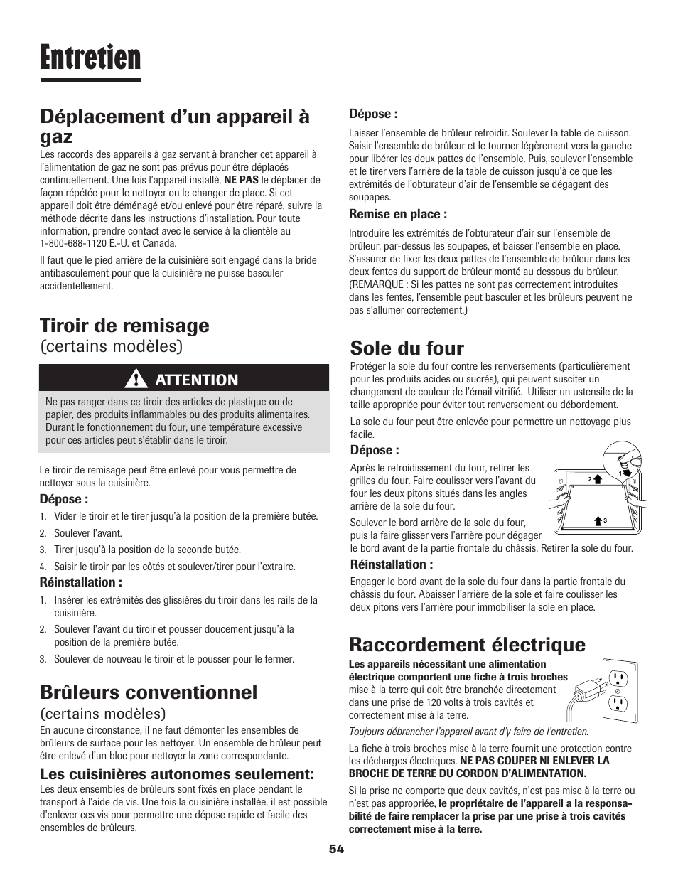 Entretien, Tiroir de remisage, Déplacement d’un appareil à gaz | Brûleurs conventionnel, Sole du four, Raccordement électrique, Certains modèles) | Maytag 8113P448-60 User Manual | Page 55 / 88