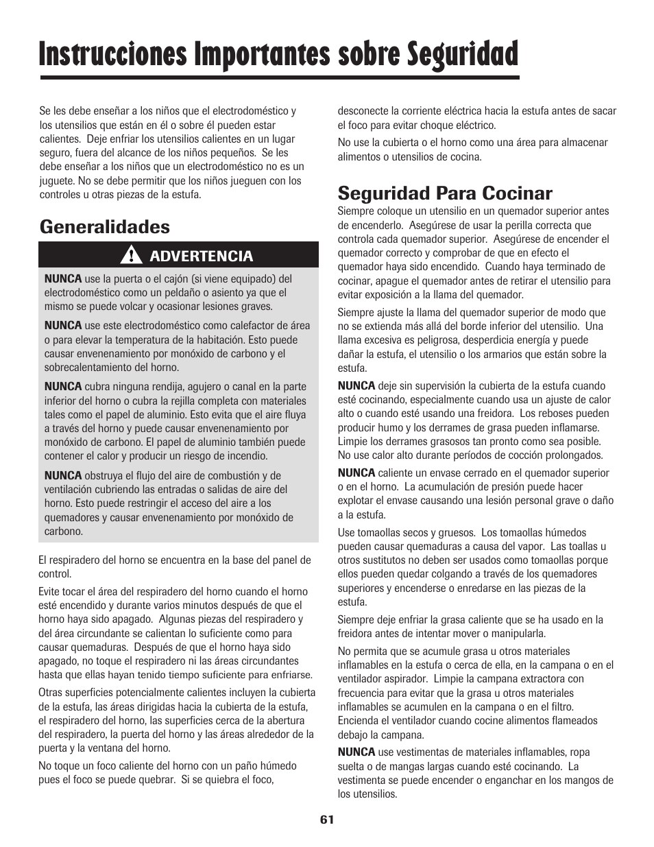 Instrucciones importantes sobre seguridad, Generalidades, Seguridad para cocinar | Maytag 8113P448-60 User Manual | Page 62 / 88