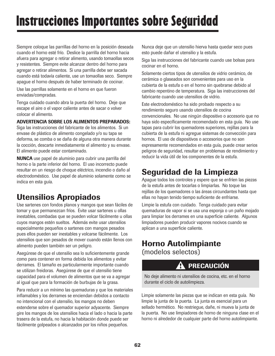 Instrucciones importantes sobre seguridad, Utensilios apropiados, Seguridad de la limpieza | Horno autolimpiante, Modelos selectos) | Maytag 8113P448-60 User Manual | Page 63 / 88