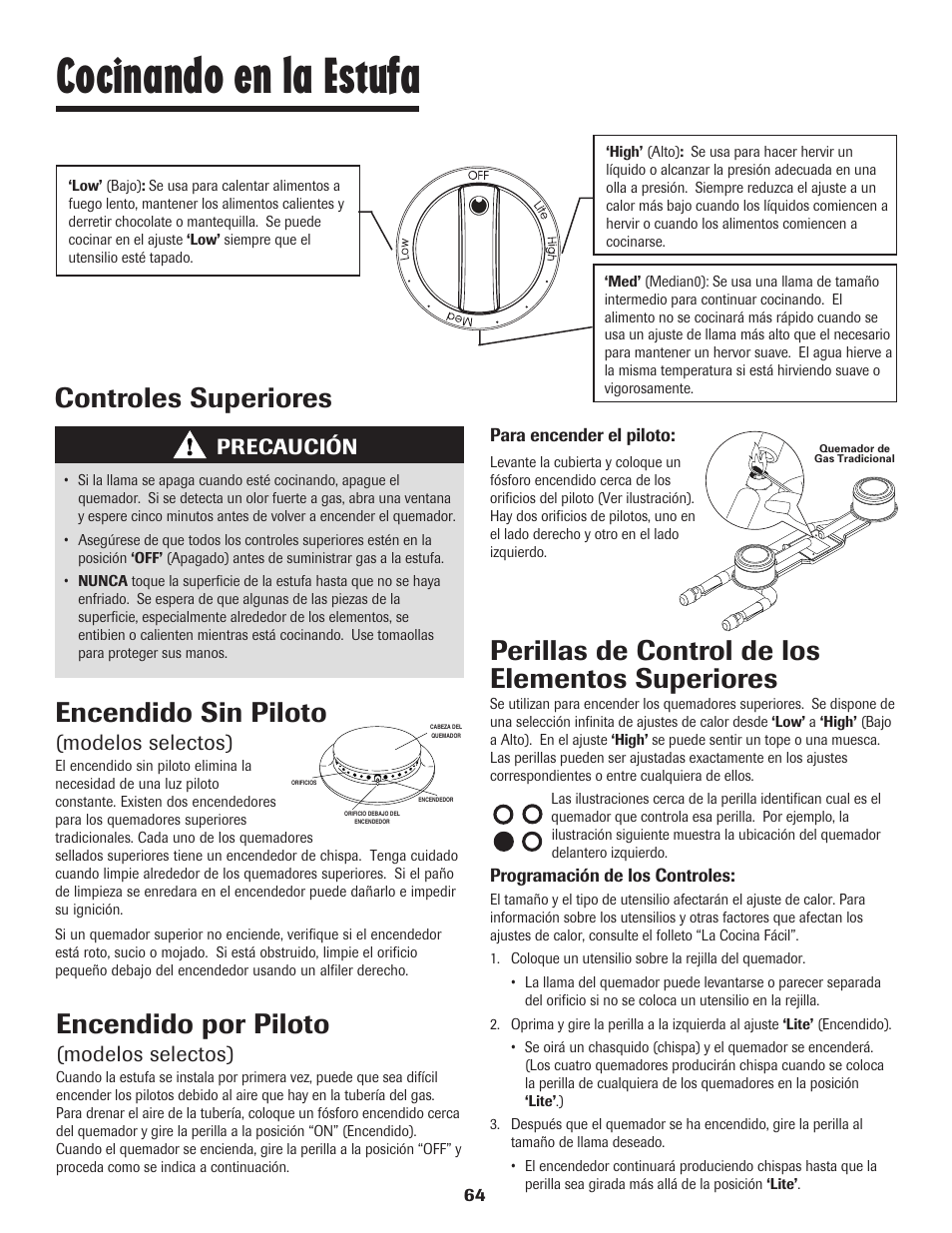Cocinando en la estufa, Controles superiores encendido sin piloto, Perillas de control de los elementos superiores | Encendido por piloto, Modelos selectos), Precaución | Maytag 8113P448-60 User Manual | Page 65 / 88