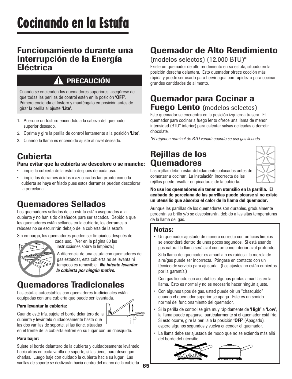 Cocinando en la estufa, Cubierta, Quemador de alto rendimiento | Quemador para cocinar a fuego lento, Rejillas de los quemadores, Quemadores tradicionales, Quemadores sellados, Notas, Modelos selectos), Precaución | Maytag 8113P448-60 User Manual | Page 66 / 88