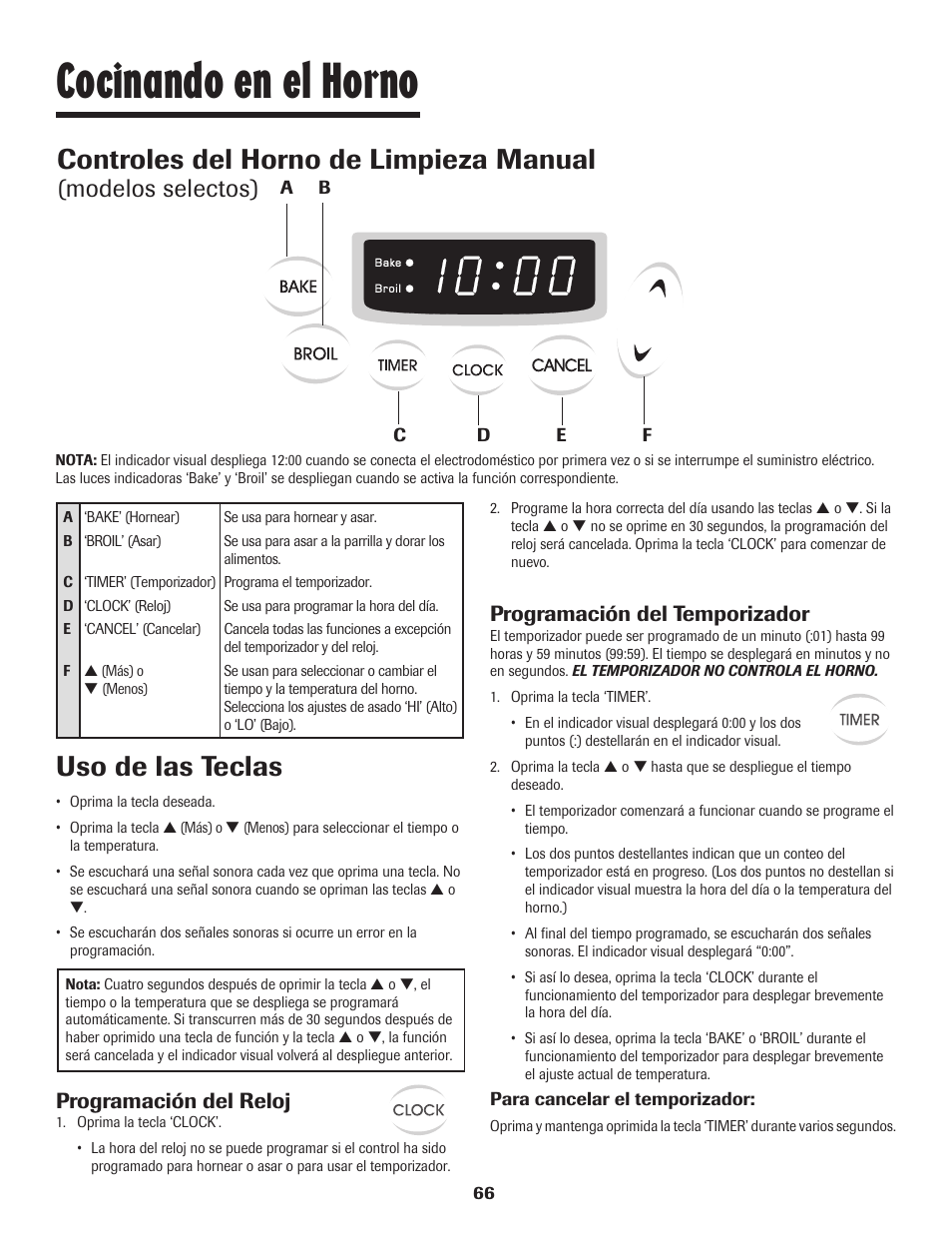 Cocinando en el horno, Controles del horno de limpieza manual, Uso de las teclas | Modelos selectos), Programación del reloj, Programación del temporizador | Maytag 8113P448-60 User Manual | Page 67 / 88