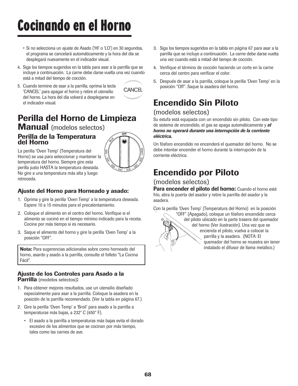 Cocinando en el horno, Perilla del horno de limpieza manual, Encendido sin piloto | Encendido por piloto, Modelos selectos) | Maytag 8113P448-60 User Manual | Page 69 / 88