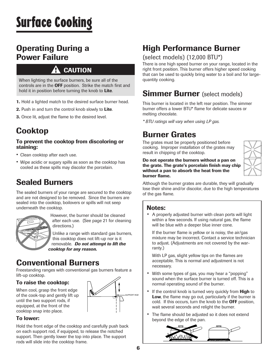 Surface cooking, Cooktop, Sealed burners | Burner grates, Operating during a power failure, High performance burner, Simmer burner, Conventional burners | Maytag 8113P448-60 User Manual | Page 7 / 88