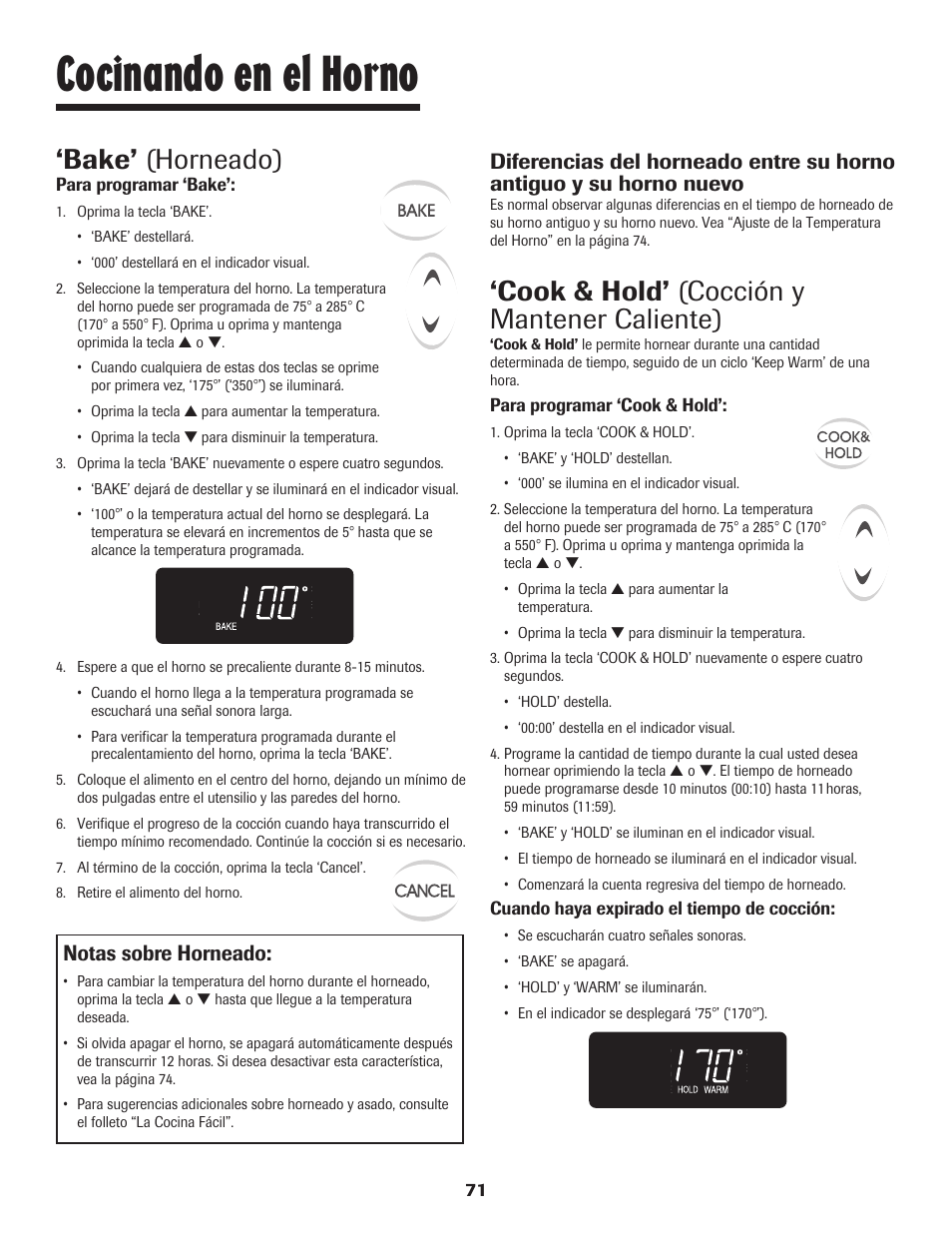 Cocinando en el horno, Bake’ (horneado), Cook & hold’ (cocción y mantener caliente) | Notas sobre horneado | Maytag 8113P448-60 User Manual | Page 72 / 88