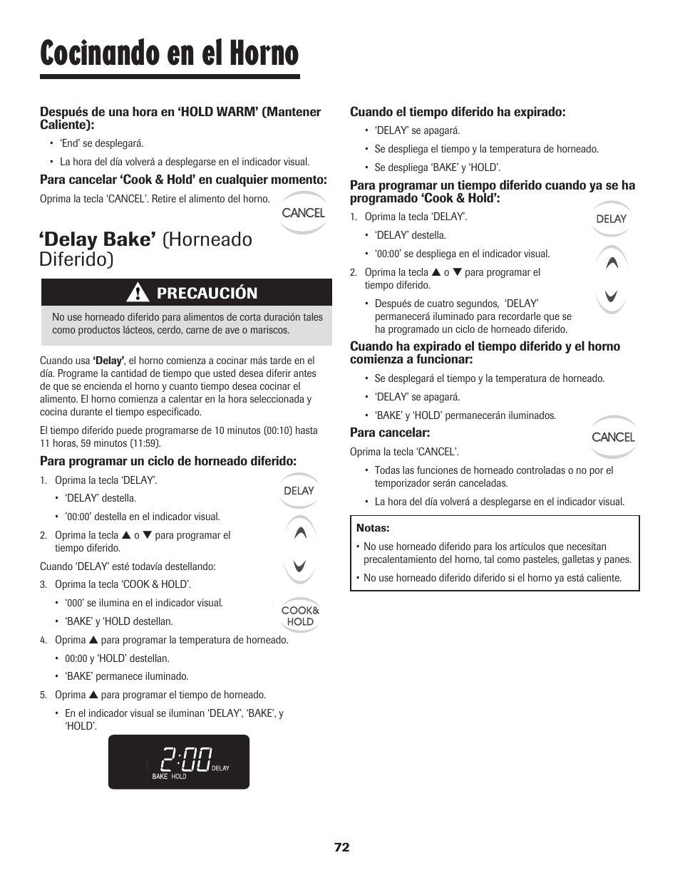 Cocinando en el horno, Delay bake’ (horneado diferido), Precaución | Maytag 8113P448-60 User Manual | Page 73 / 88
