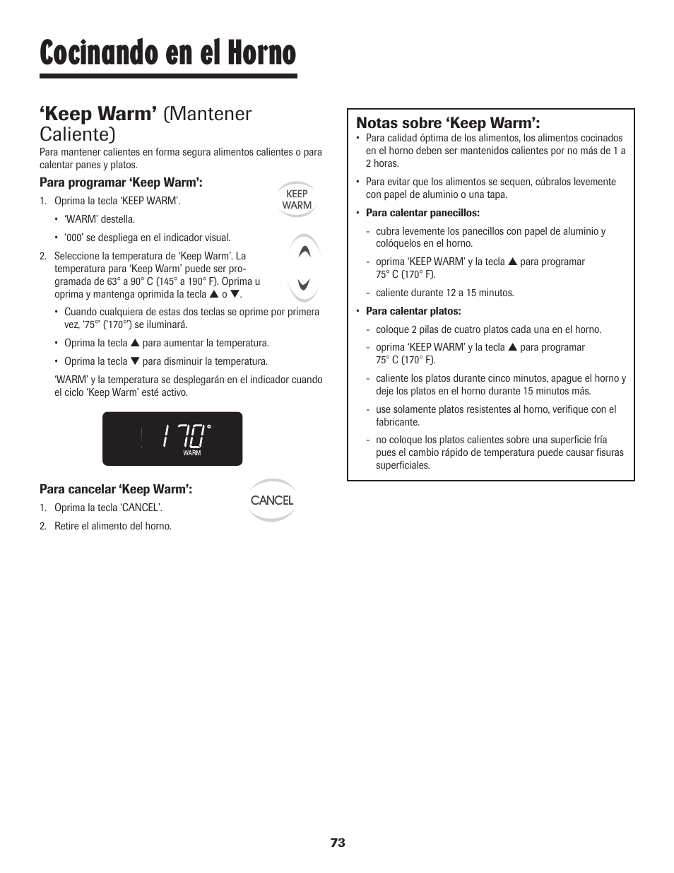 Cocinando en el horno, Keep warm’ (mantener caliente), Notas sobre ‘keep warm | Maytag 8113P448-60 User Manual | Page 74 / 88