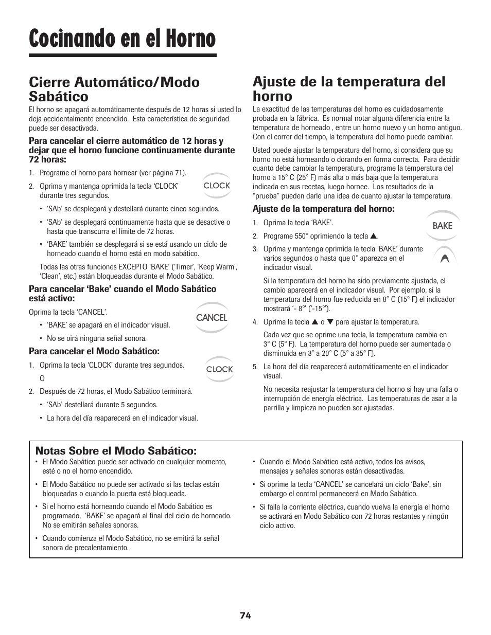 Cocinando en el horno, Cierre automático/modo sabático, Ajuste de la temperatura del horno | Notas sobre el modo sabático | Maytag 8113P448-60 User Manual | Page 75 / 88