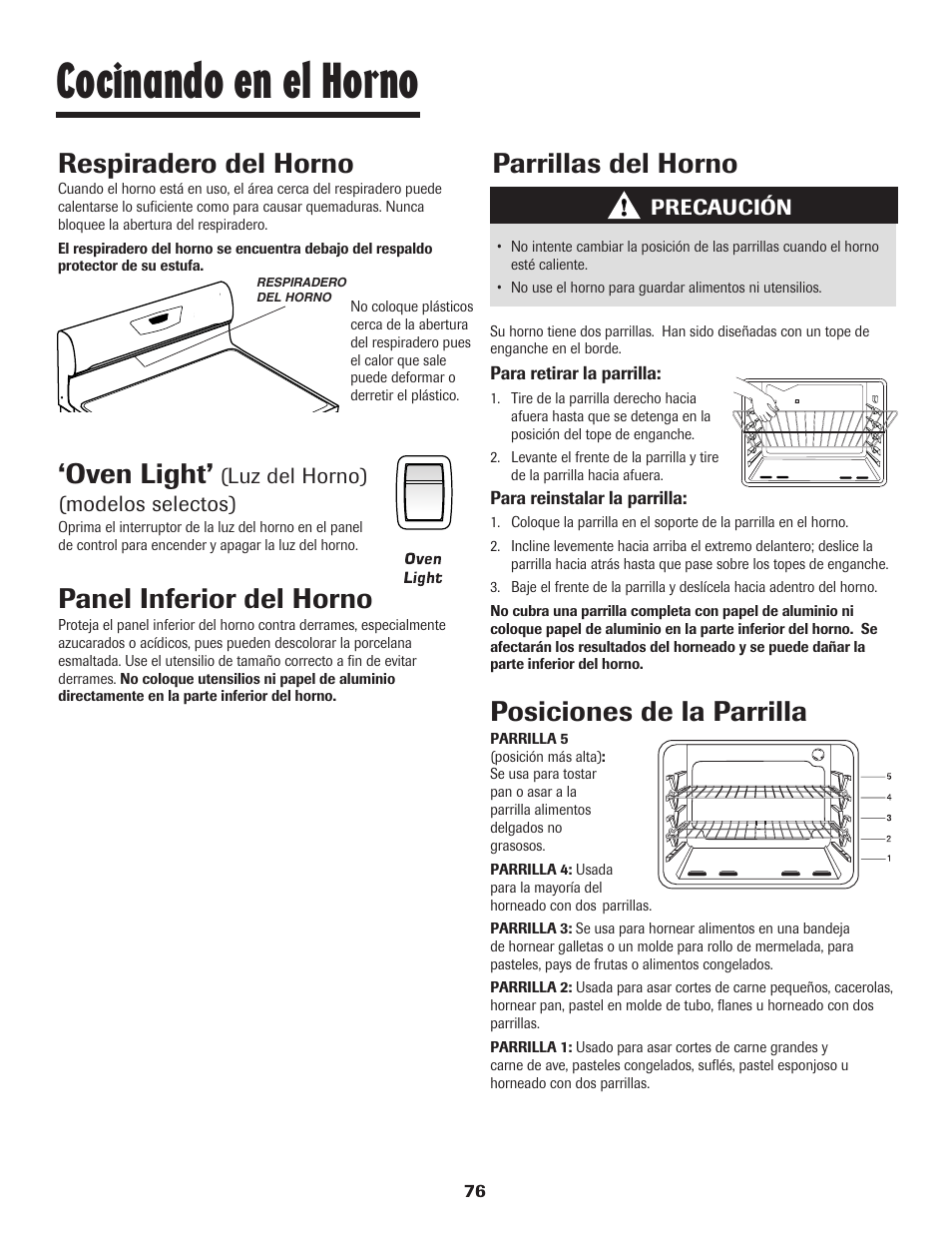 Cocinando en el horno, Oven light, Panel inferior del horno | Respiradero del horno, Parrillas del horno, Posiciones de la parrilla | Maytag 8113P448-60 User Manual | Page 77 / 88