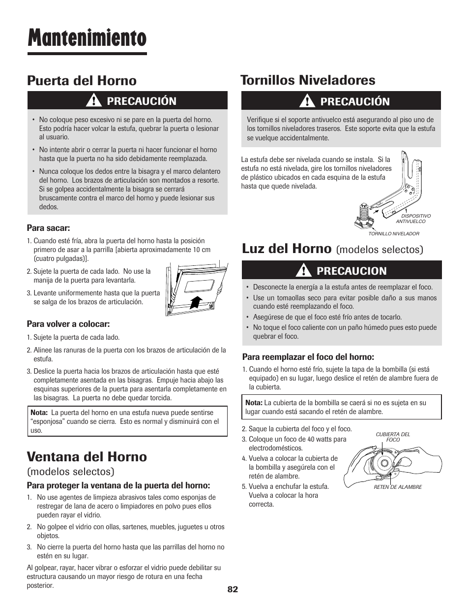 Mantenimiento, Ventana del horno, Tornillos niveladores | Puerta del horno, Luz del horno, Modelos selectos), Precaución, Precaucion | Maytag 8113P448-60 User Manual | Page 83 / 88