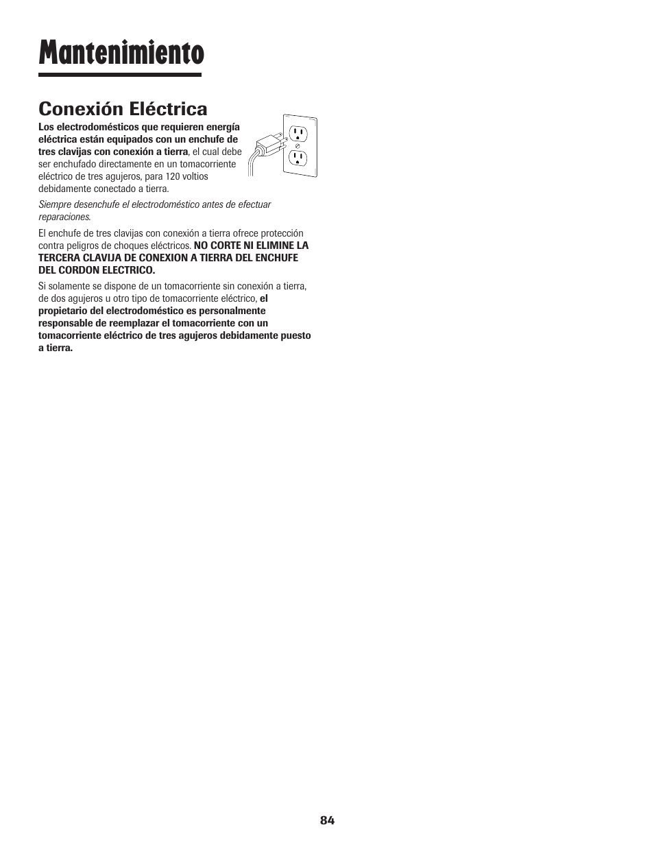 Mantenimiento, Conexión eléctrica | Maytag 8113P448-60 User Manual | Page 85 / 88