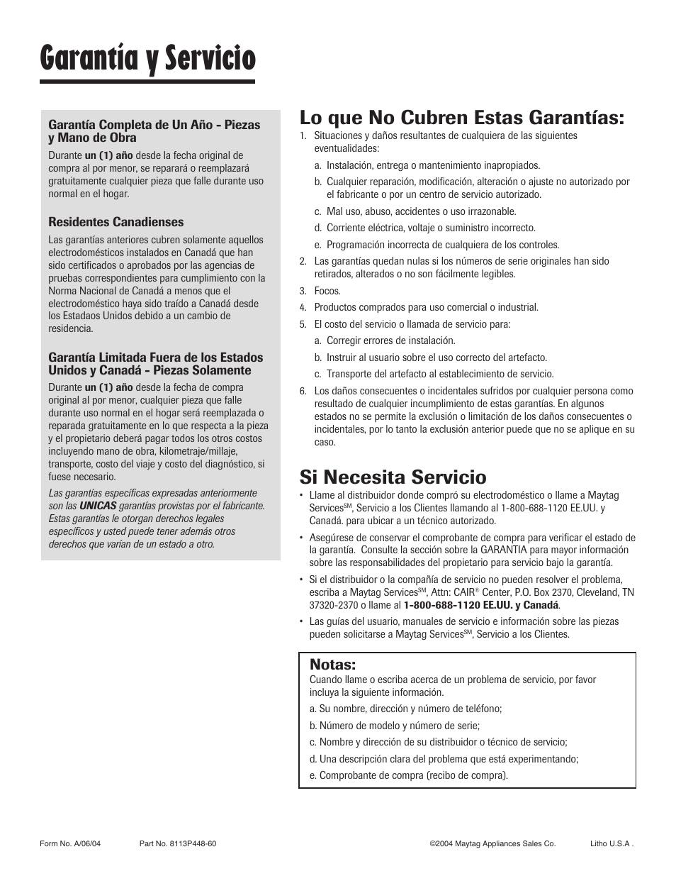 Garantía y servicio, Lo que no cubren estas garantías, Si necesita servicio | Notas | Maytag 8113P448-60 User Manual | Page 88 / 88