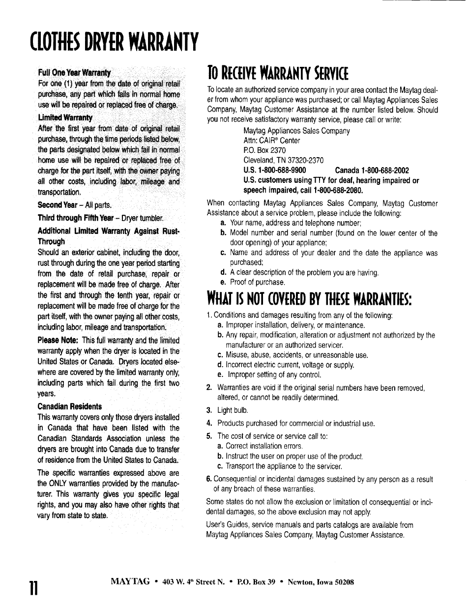 Cmm dryer warranty, Dryer warranty, Warranty sfrvice | What 1$ not covered by these warranties | Maytag MD6200 User Manual | Page 12 / 12