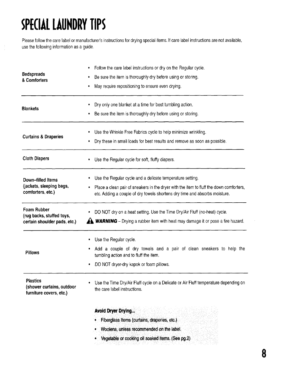 L uuindry ups, Bedspreads & comforters, Blankets | Curtains & draperies, Cloth diapers, Foam rubber, Pillows, Plastics | Maytag MD6200 User Manual | Page 9 / 12