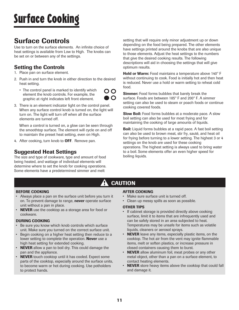 Surface cooking, Surface controls, Setting the controls | Suggested heat settings, Caution | Maytag SMOOTHTOP 500 User Manual | Page 12 / 68