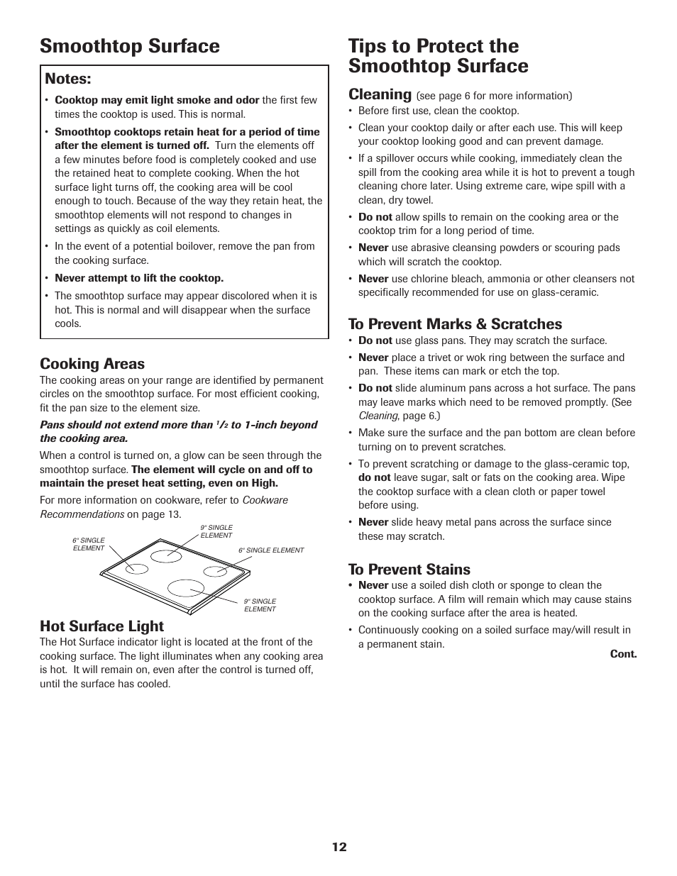 Smoothtop surface, Tips to protect the smoothtop surface, Cooking areas | Hot surface light, Cleaning | Maytag SMOOTHTOP 500 User Manual | Page 13 / 68