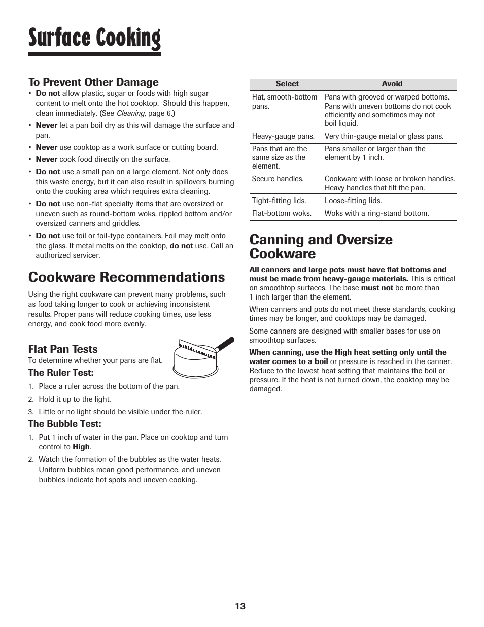 Surface cooking, Canning and oversize cookware, Cookware recommendations | Flat pan tests | Maytag SMOOTHTOP 500 User Manual | Page 14 / 68