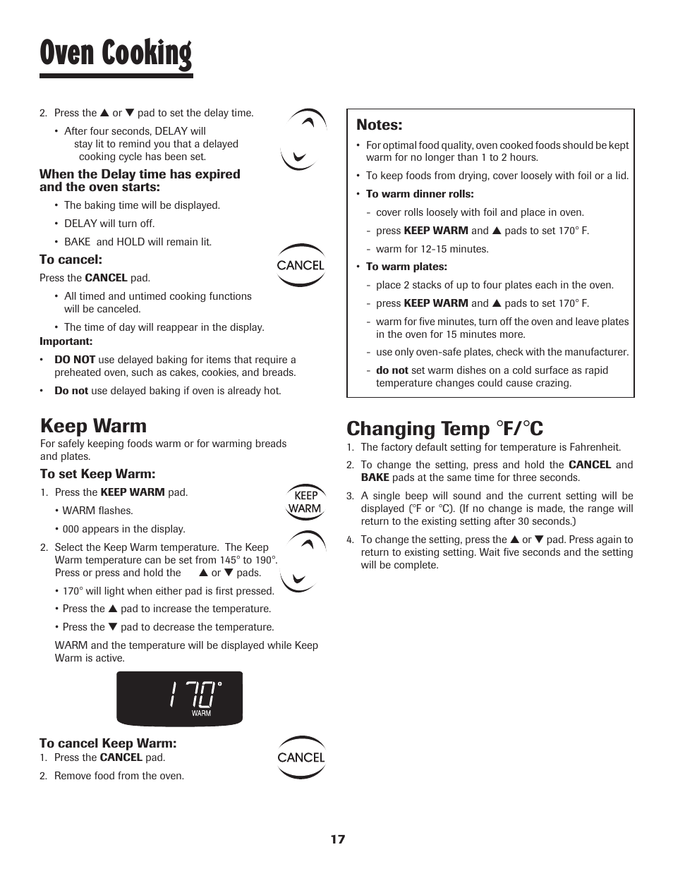 Oven cooking, Keep warm, Changing temp | Maytag SMOOTHTOP 500 User Manual | Page 18 / 68
