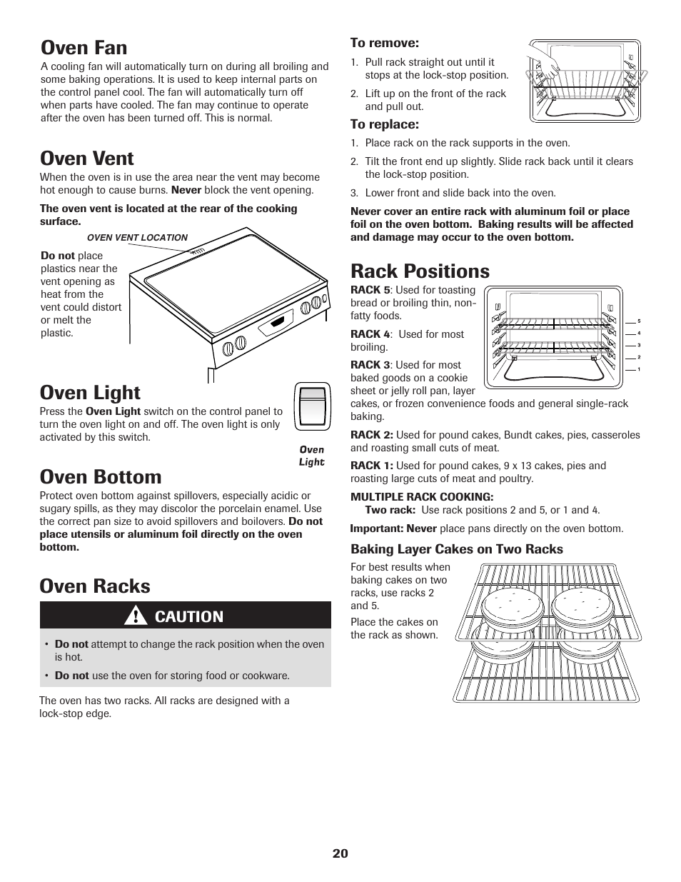 Oven light, Oven bottom, Oven fan | Oven vent, Rack positions, Oven racks, Caution | Maytag SMOOTHTOP 500 User Manual | Page 21 / 68
