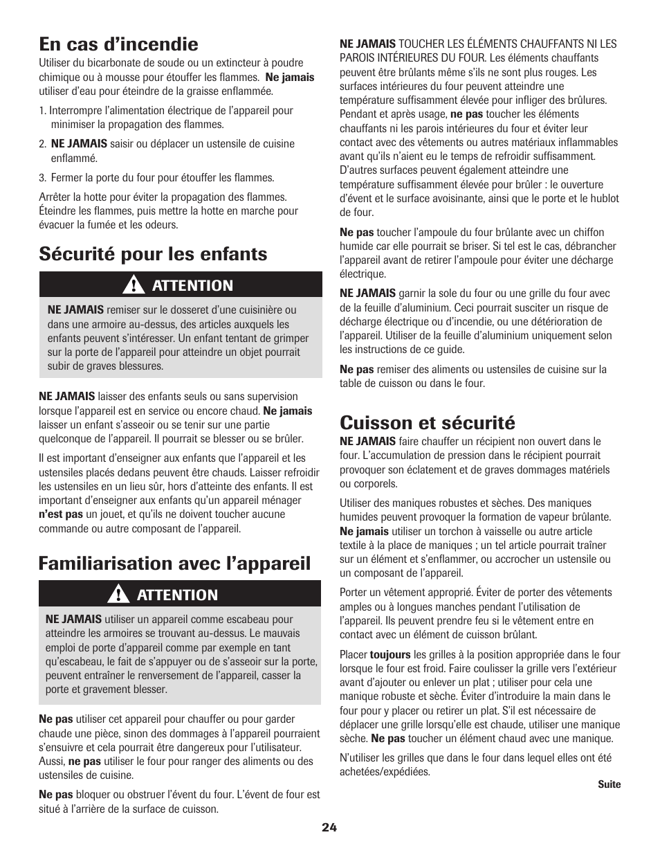 En cas d’incendie, Sécurité pour les enfants, Familiarisation avec l’appareil | Cuisson et sécurité | Maytag SMOOTHTOP 500 User Manual | Page 25 / 68