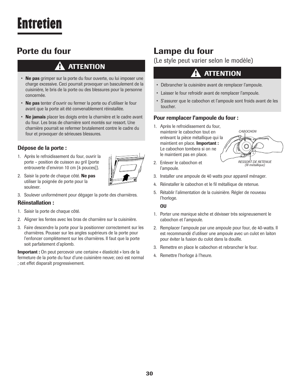 Entretien, Lampe du four, Porte du four | Le style peut varier selon le modèle) attention, Attention | Maytag SMOOTHTOP 500 User Manual | Page 31 / 68
